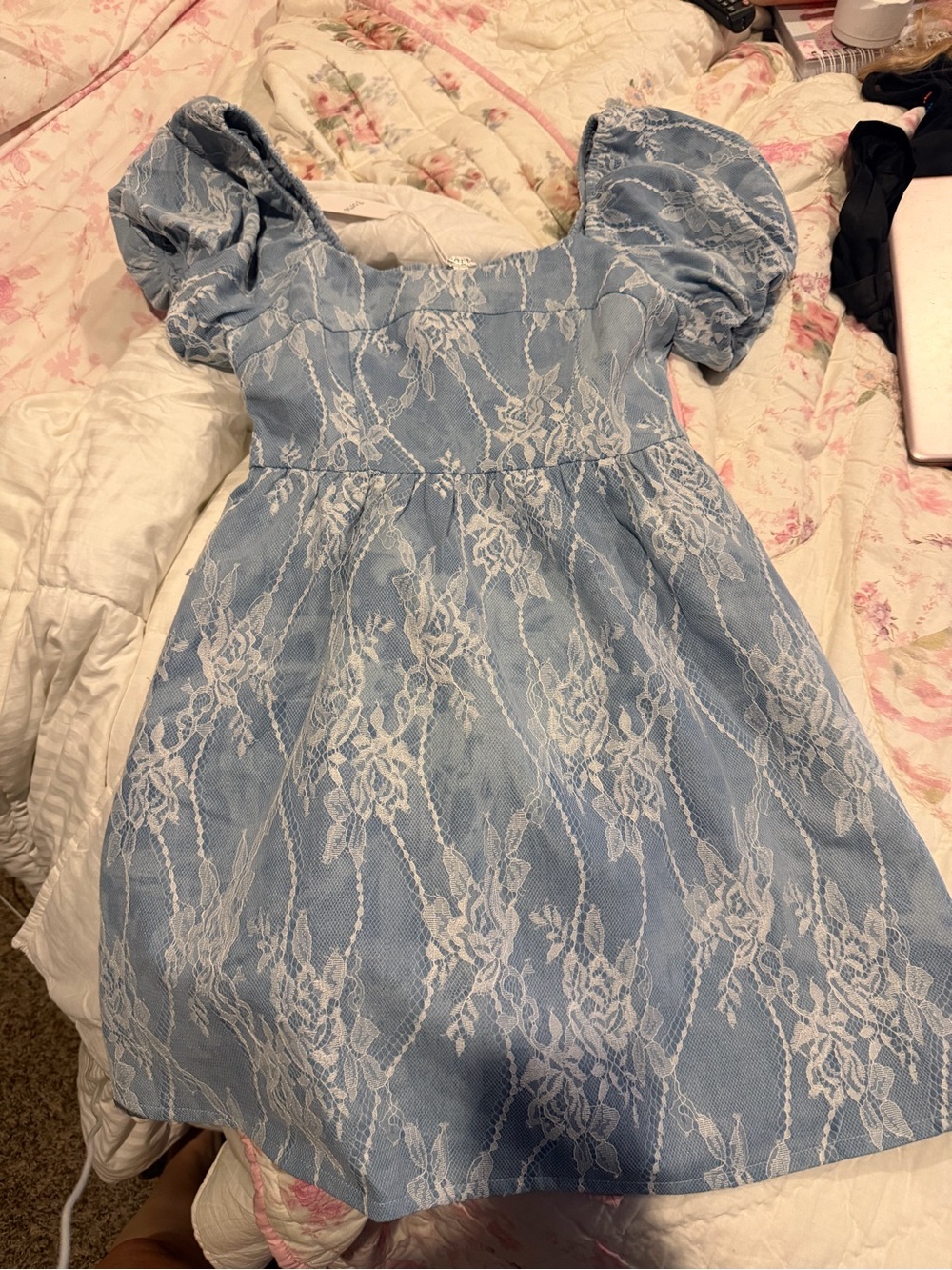 Blue Lace Puff-Sleeve Kids Dress